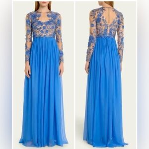 PAMELLA ROLAND Pleated Chiffon Gown With Embroidered Tulle Bodice Blue Dress